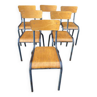 6 chaises d'école vintage en métal et bois design Mid-century vintage 1960