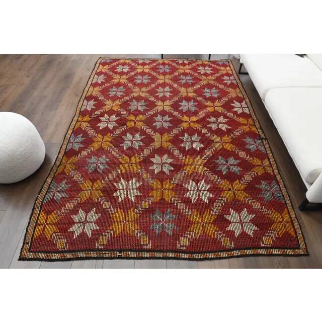 1970s Vintage Turkish Hand-Knotted Wool Cotton Red Area Rug 188x277