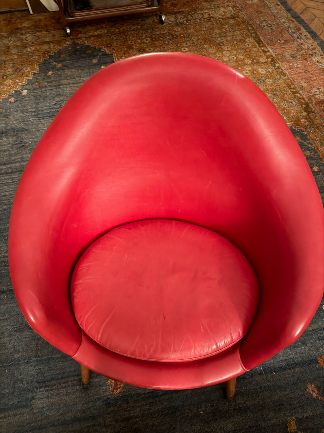 2 Hans Olsen armchairs, 1950s, red leather finish.