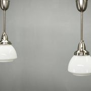 Pair of 1930s Czech Art Deco Opaline Glass and Chrome Pendant Lights
