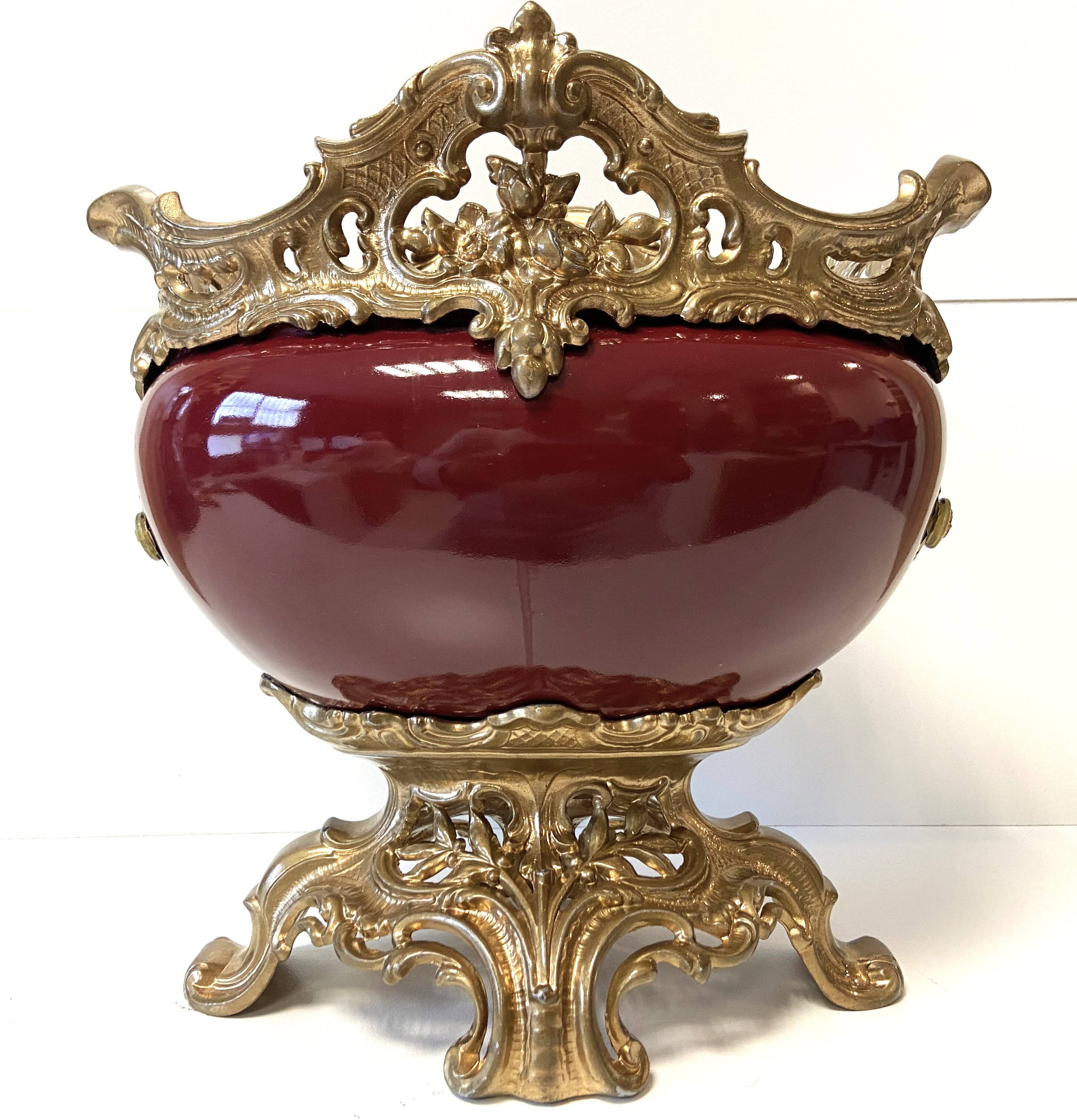 Antique Napoleon III Centrepiece Jardinière in Gilded Metal and Faience