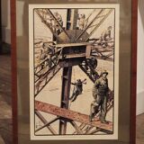 La peinture de la Tour Eiffel, 1889, gravure en couleur de Charles Bombled (1862-1927)
