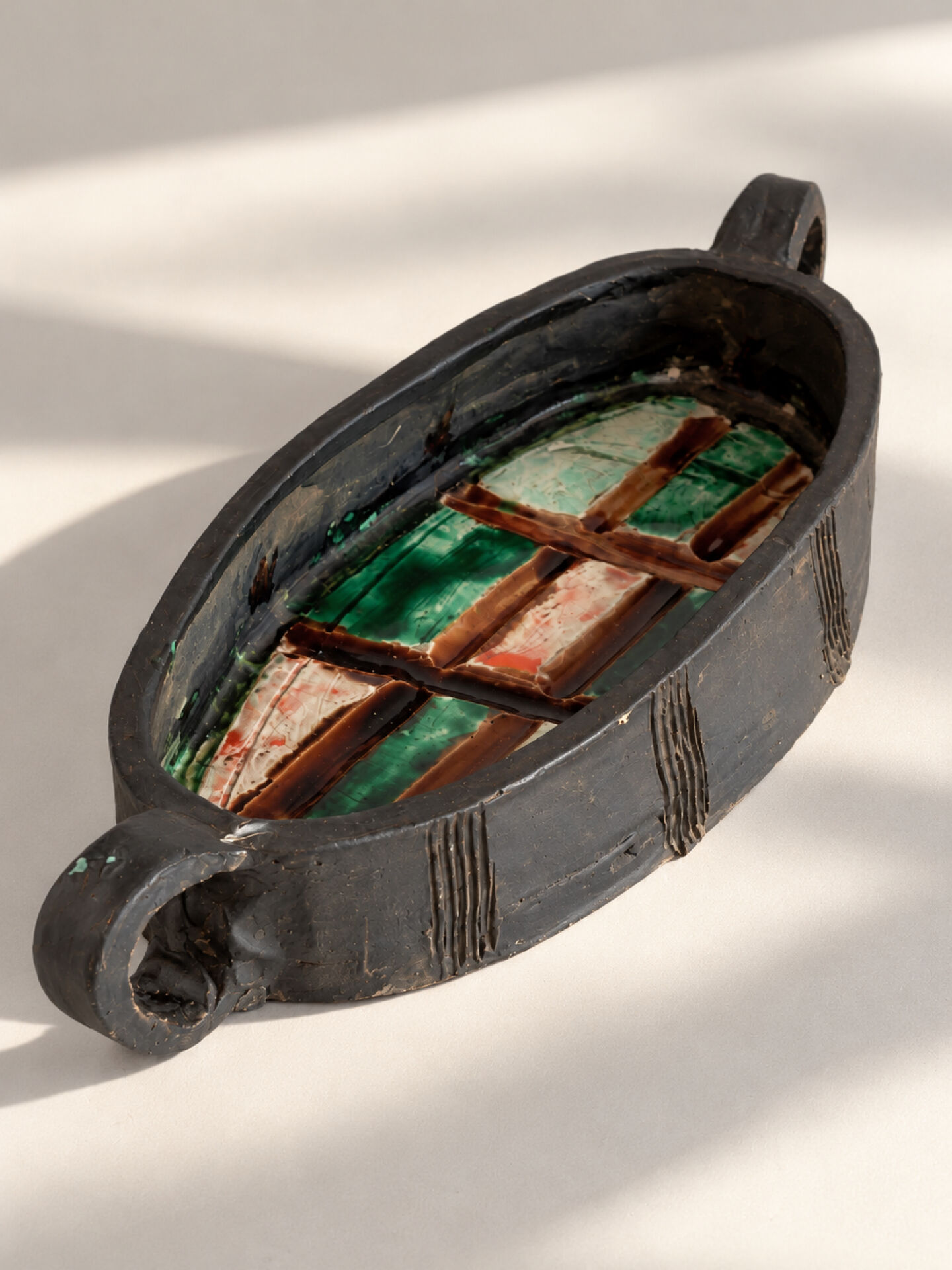 Oval bowl with two handles in glazed ceramic, 1970-71