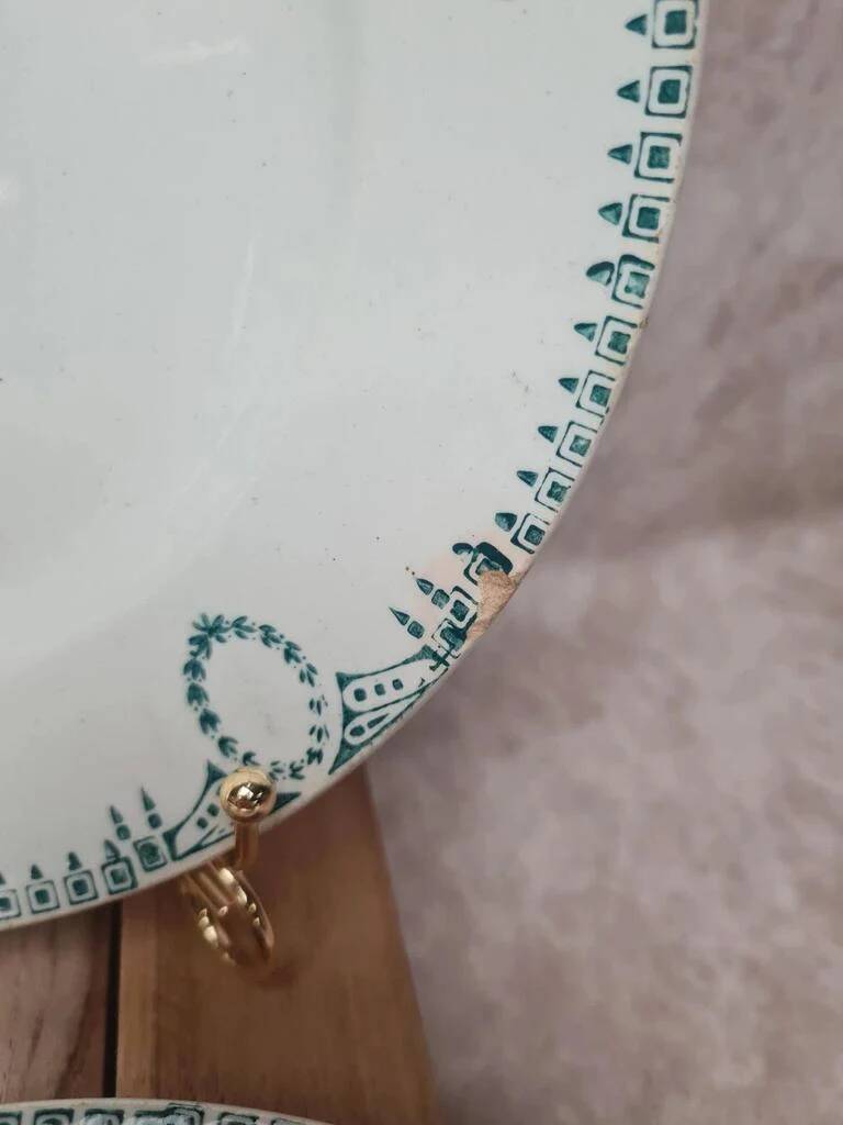 Set of 4 antique plates, Terre de fer Saint-Amand, green decoration.