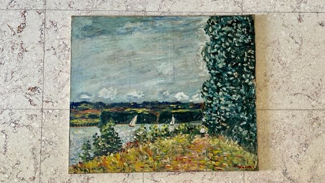 Oil on canvas landscape with 2 boats