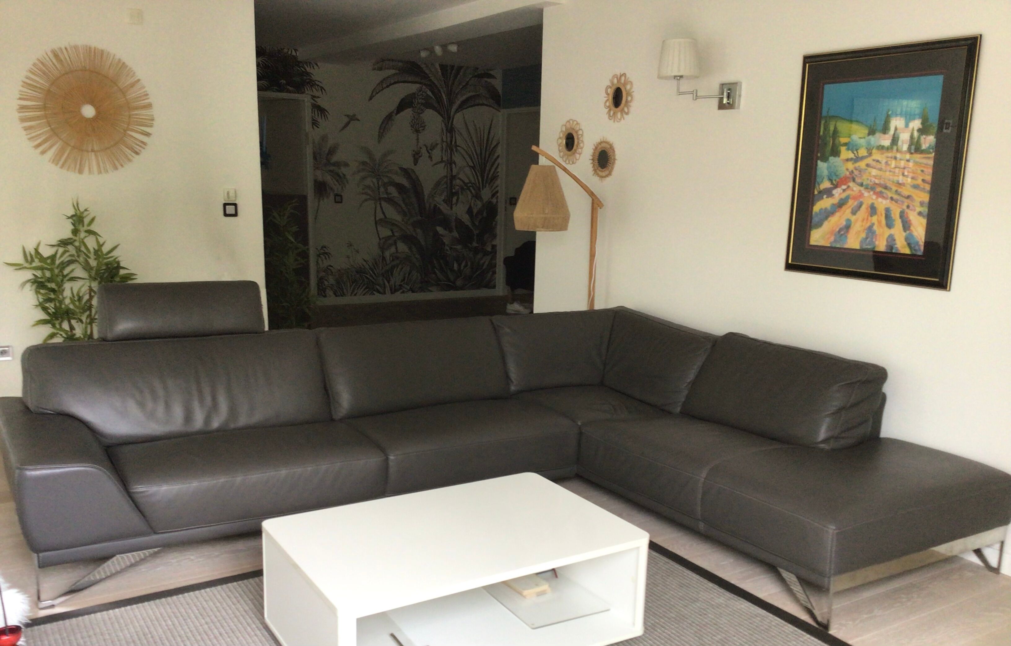 Grey leather corner sofa Roche Bobois, removable.