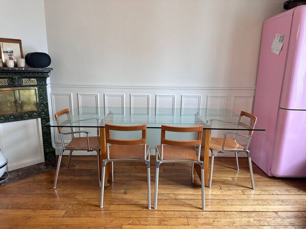 Table d’architecte italienne Segis, verre 14 mm / bois / acier, fin an