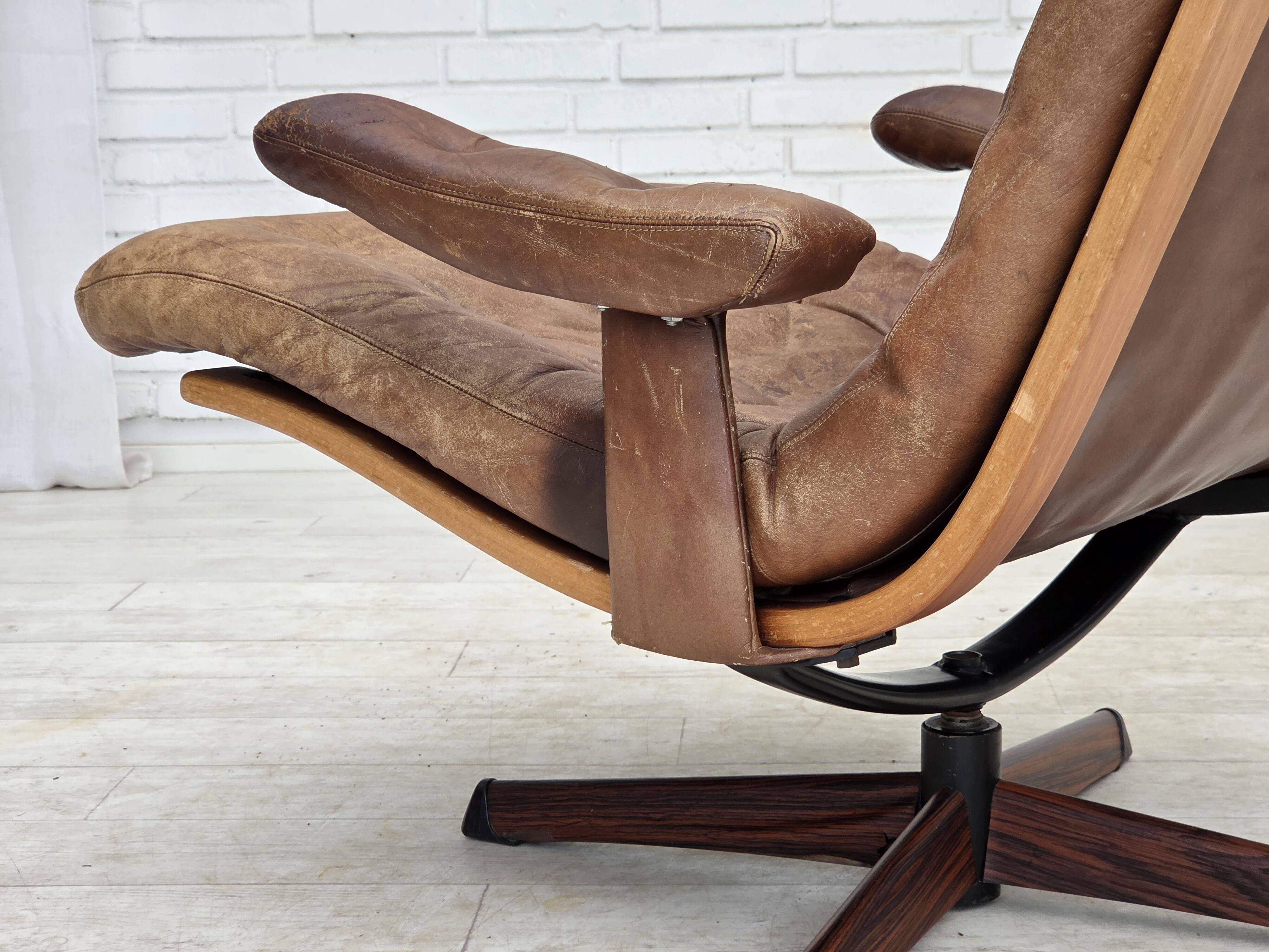 1960s, Scandinavian swivel armchair, brown furniture leather.