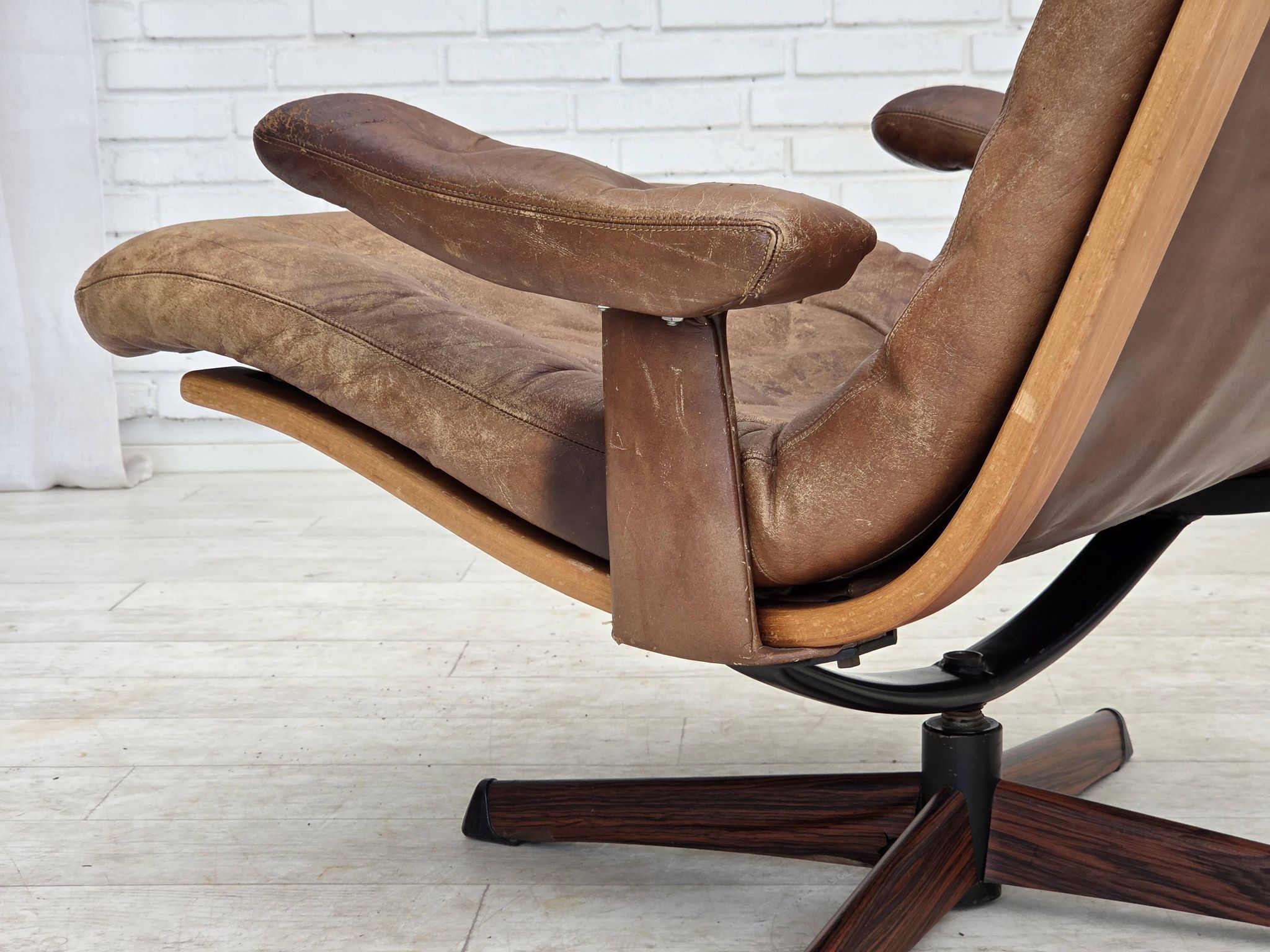 1960s, Scandinavian swivel armchair, brown furniture leather.