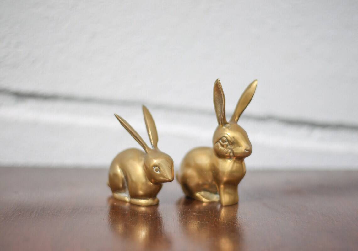 Pair of brass rabbit, rabbit statue, brass animal, rabbit figurine, collection, rabbit, brass rabbit