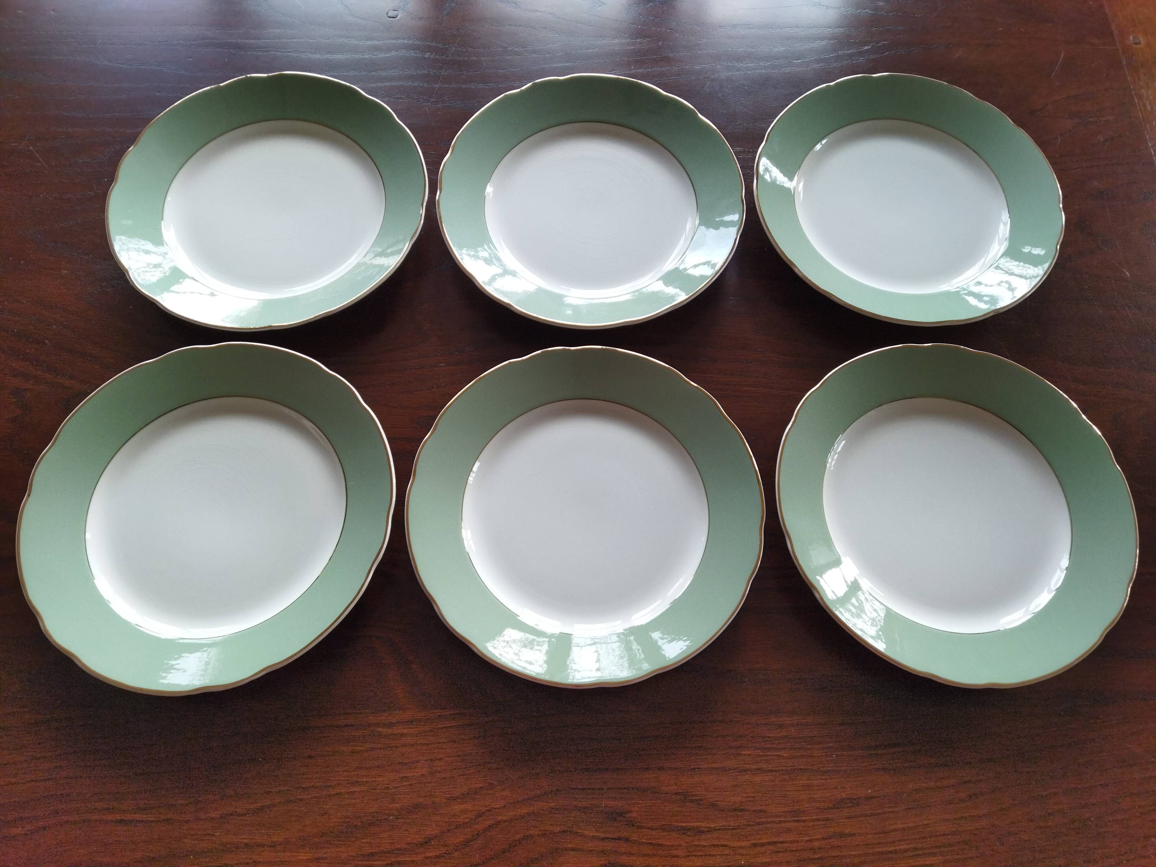 6 flat plates Villeroy & Boch Mettlach celadon green and vintage gold 1960s
