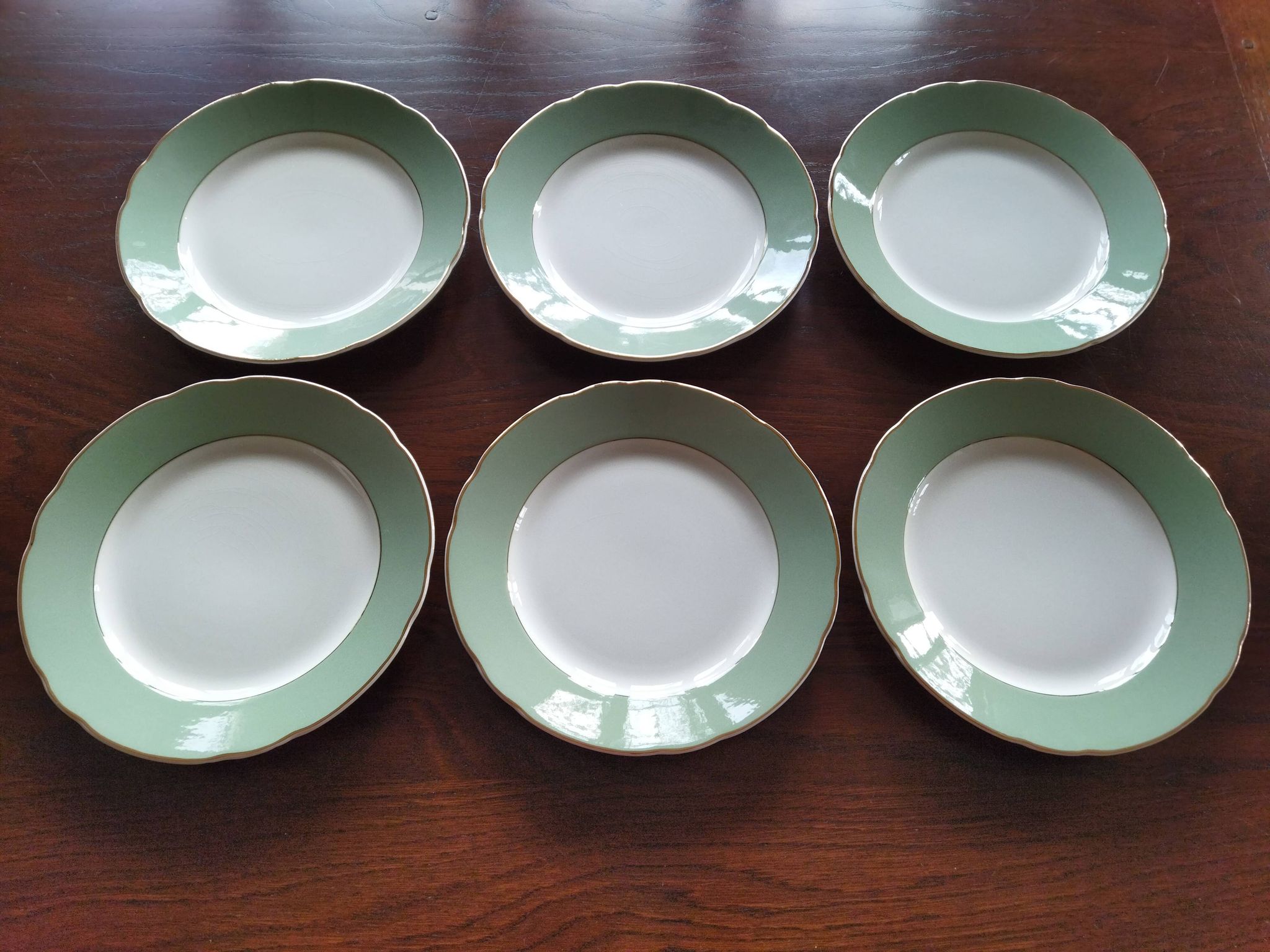 6 flat plates Villeroy & Boch Mettlach celadon green and vintage gold 1960s
