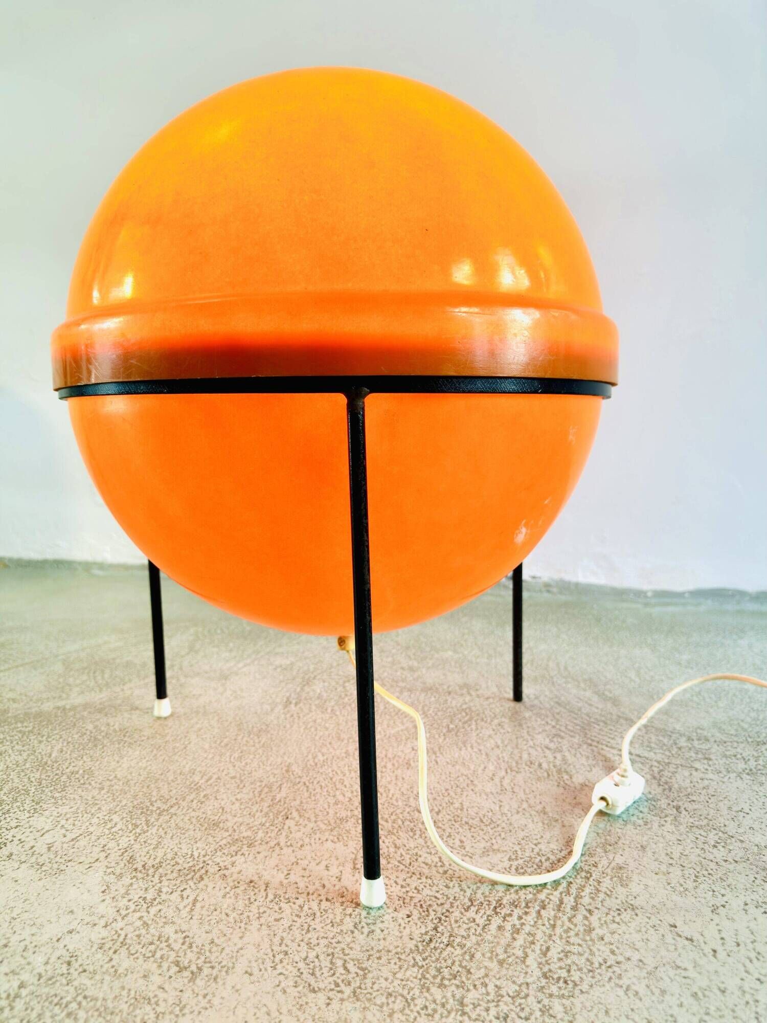 Large Space Age Tripod Sphere Floor Lamp In Orange By Unknown Designer, Around 1960S