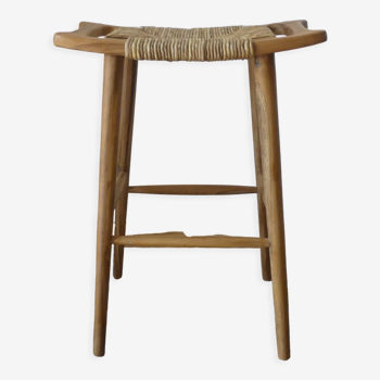 Tabouret de bar haut en teck et rotin