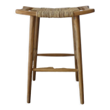 Tabouret de bar haut en teck et rotin