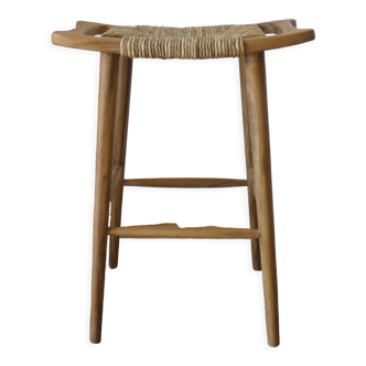 Tabouret de bar haut en teck et rotin