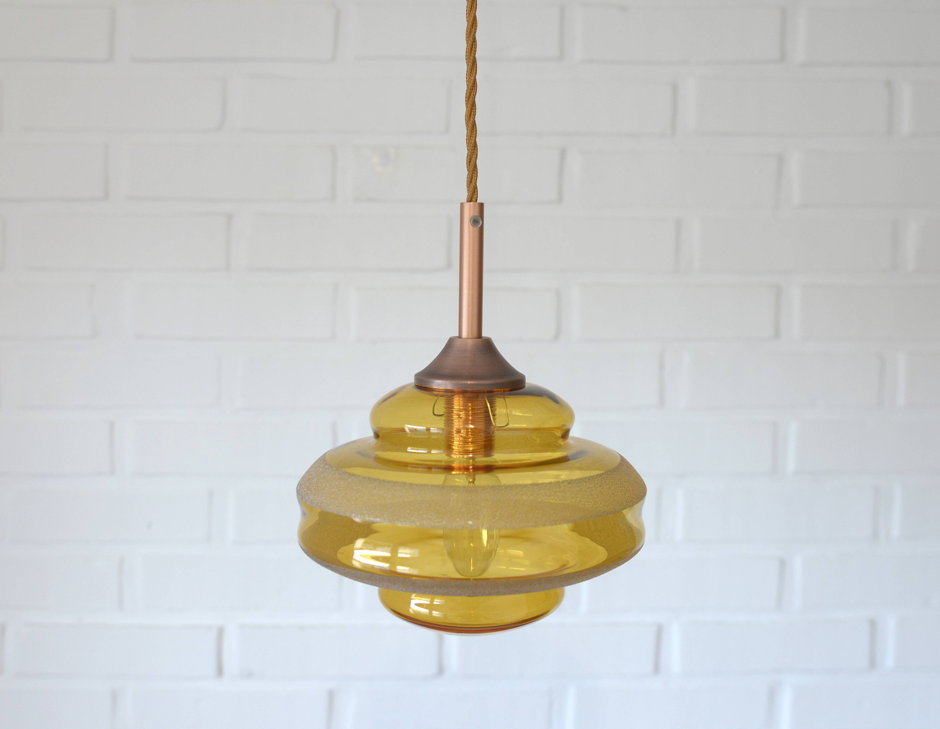1 of 2 hand blown amber glass pendant lamp / redesign vintage hanging light