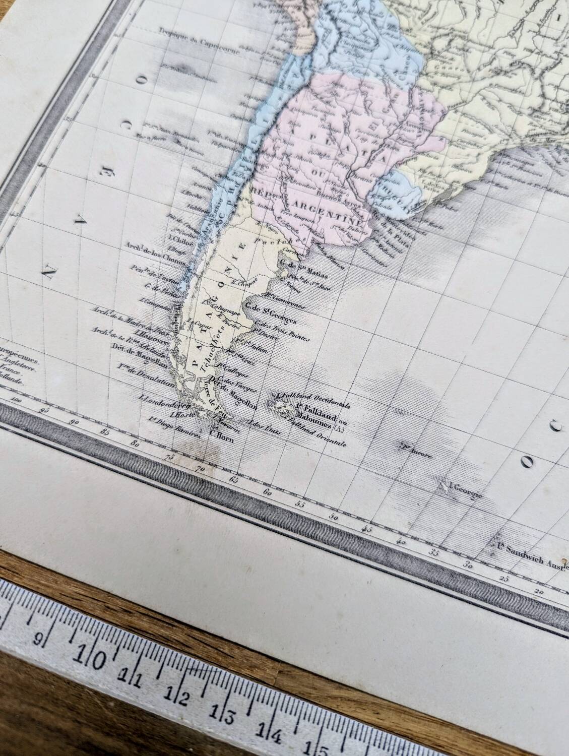 South America, antique map, printed in 1852. Authentic.