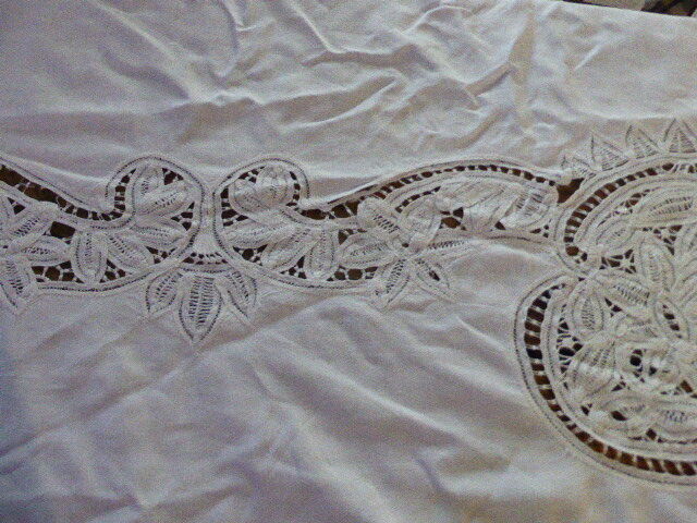 White tablecloth lace and embroidered linen, art deco, old