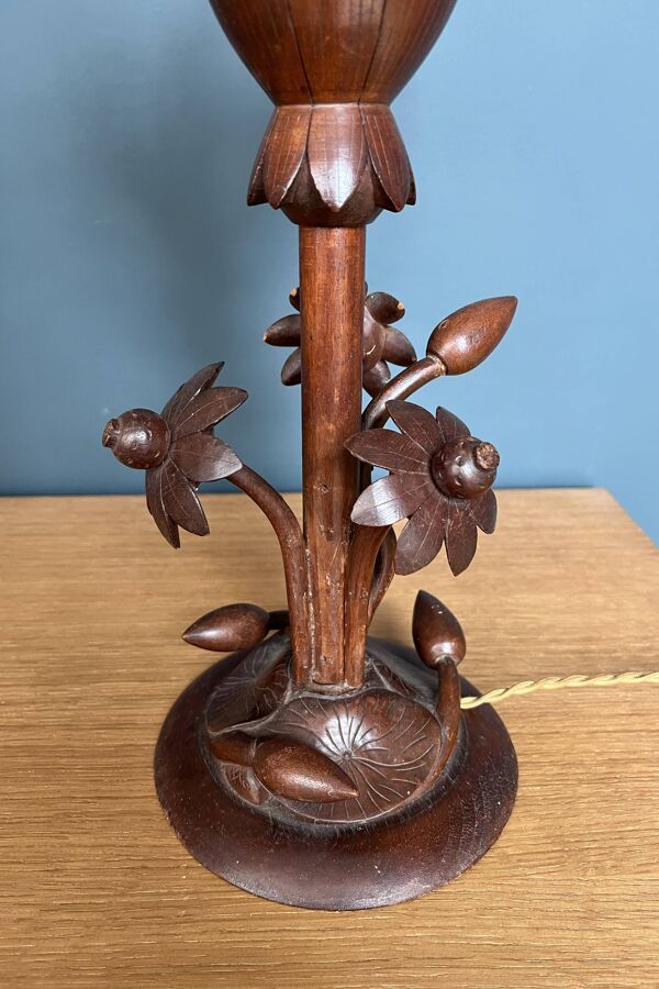 Lampe en bois Art Déco fleur de lotus sculptée à la main