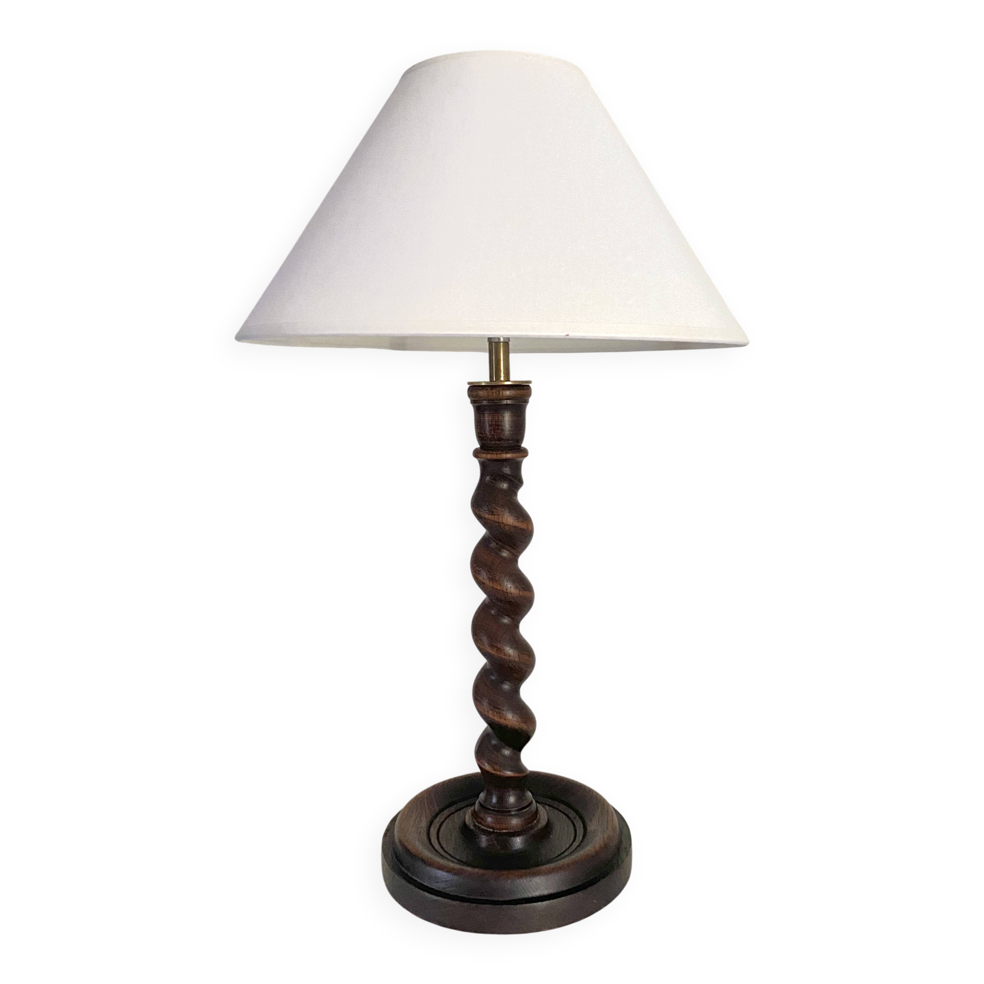 Turned wooden lamp, fabric cable, cotton lampshade.