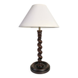 Turned wooden lamp, fabric cable, cotton lampshade.