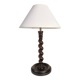 Turned wooden lamp, fabric cable, cotton lampshade.