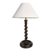 Turned wooden lamp, fabric cable, cotton lampshade.