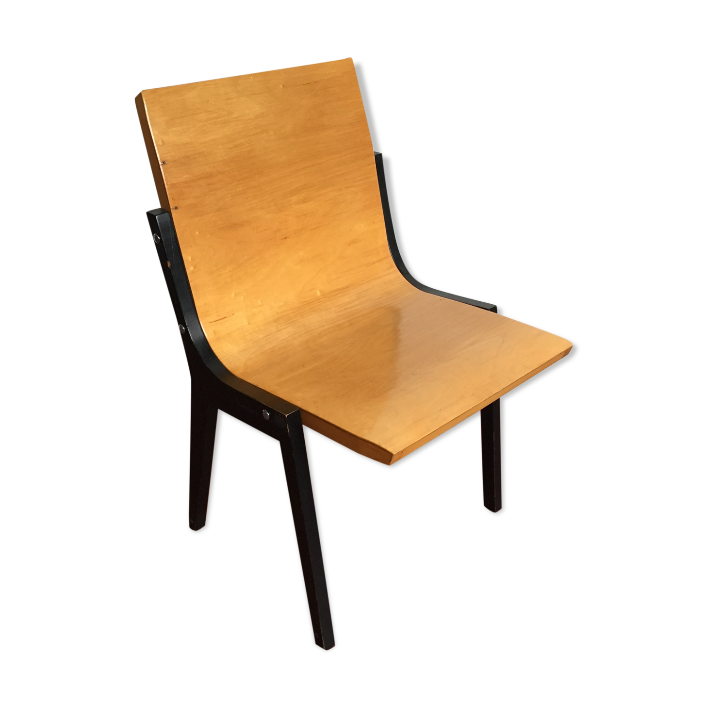 1950s church or school chairs in beech plywood and black stained wood by Roland Rainer