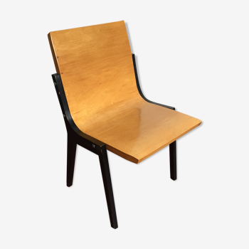 1950s church or school chairs in beech plywood and black stained wood by Roland Rainer