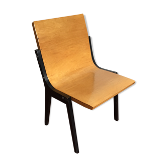 1950s church or school chairs in beech plywood and black stained wood by Roland Rainer