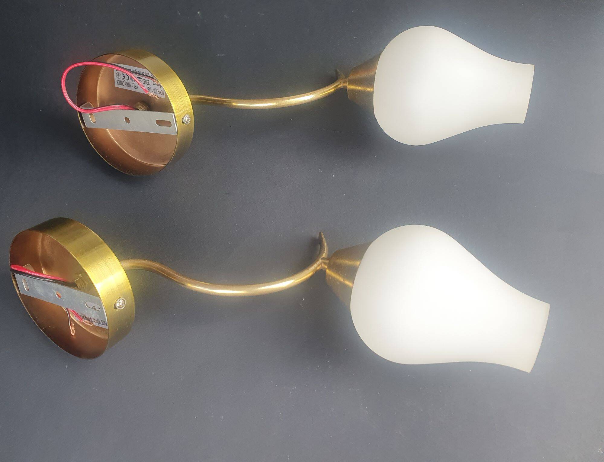 Pair of vintage wall sconces in gilded brass and opaline glass from the 1950s.