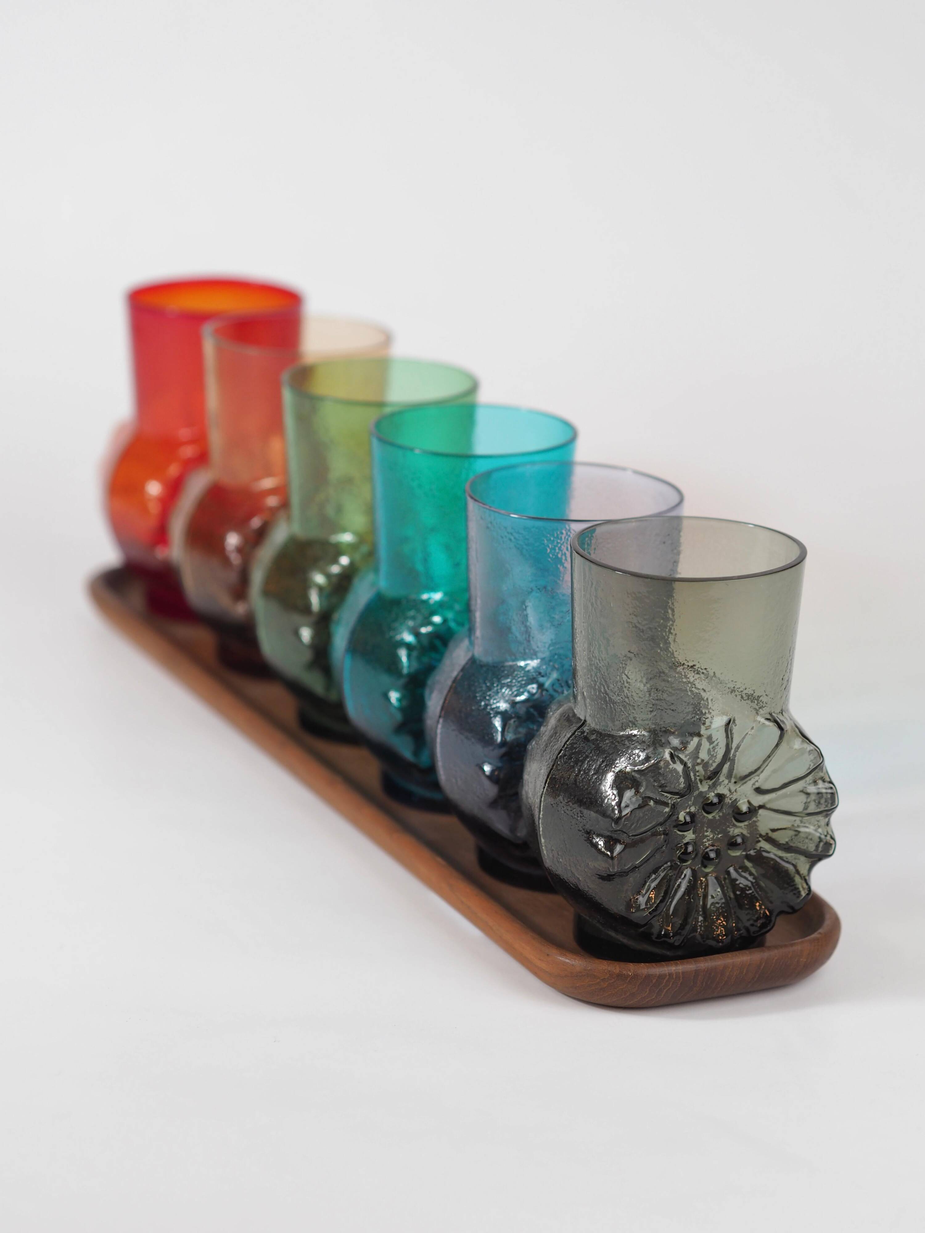 Mid-century rainbow glass set: 6 Finnish style glasses, by Kaj Franck & Lasi.