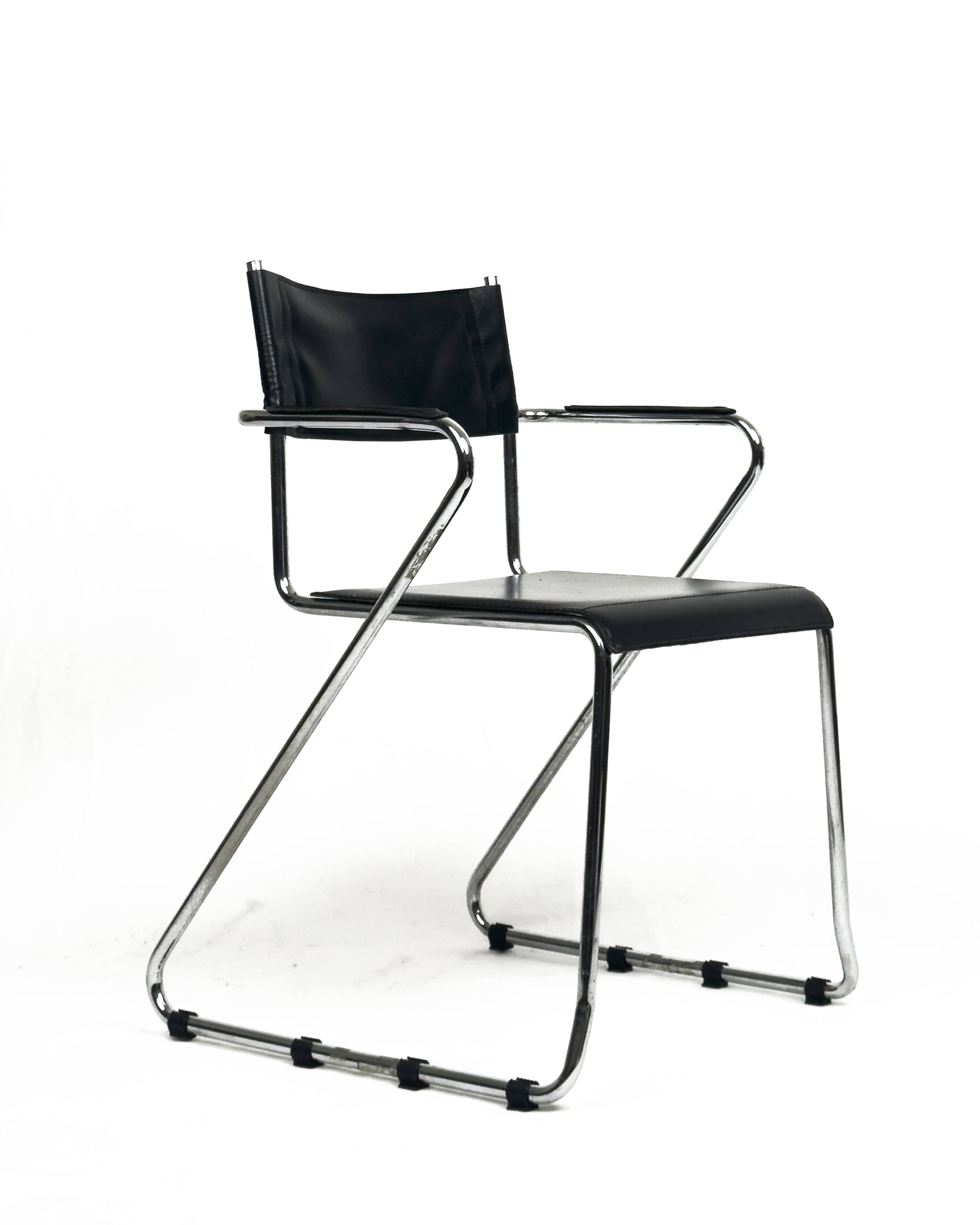 Vintage Cantilever Black Leather and Chrome Armchair , Set of 4