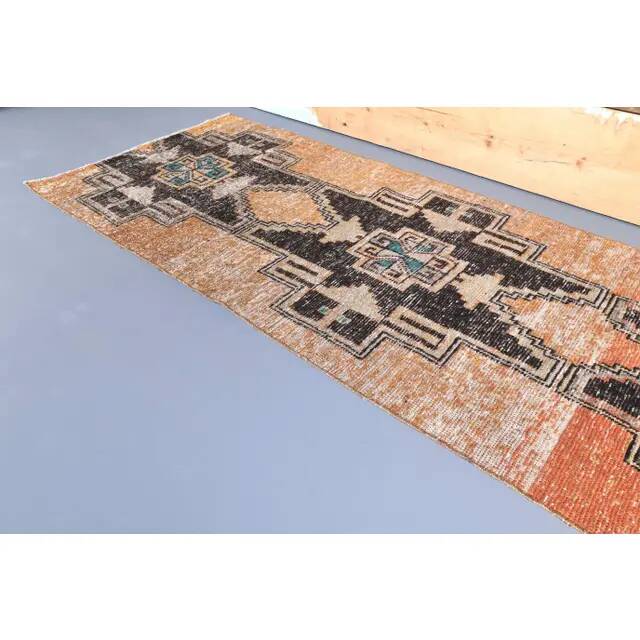 Vintage natural Turkish hand-knotted runner orange rug 80x348