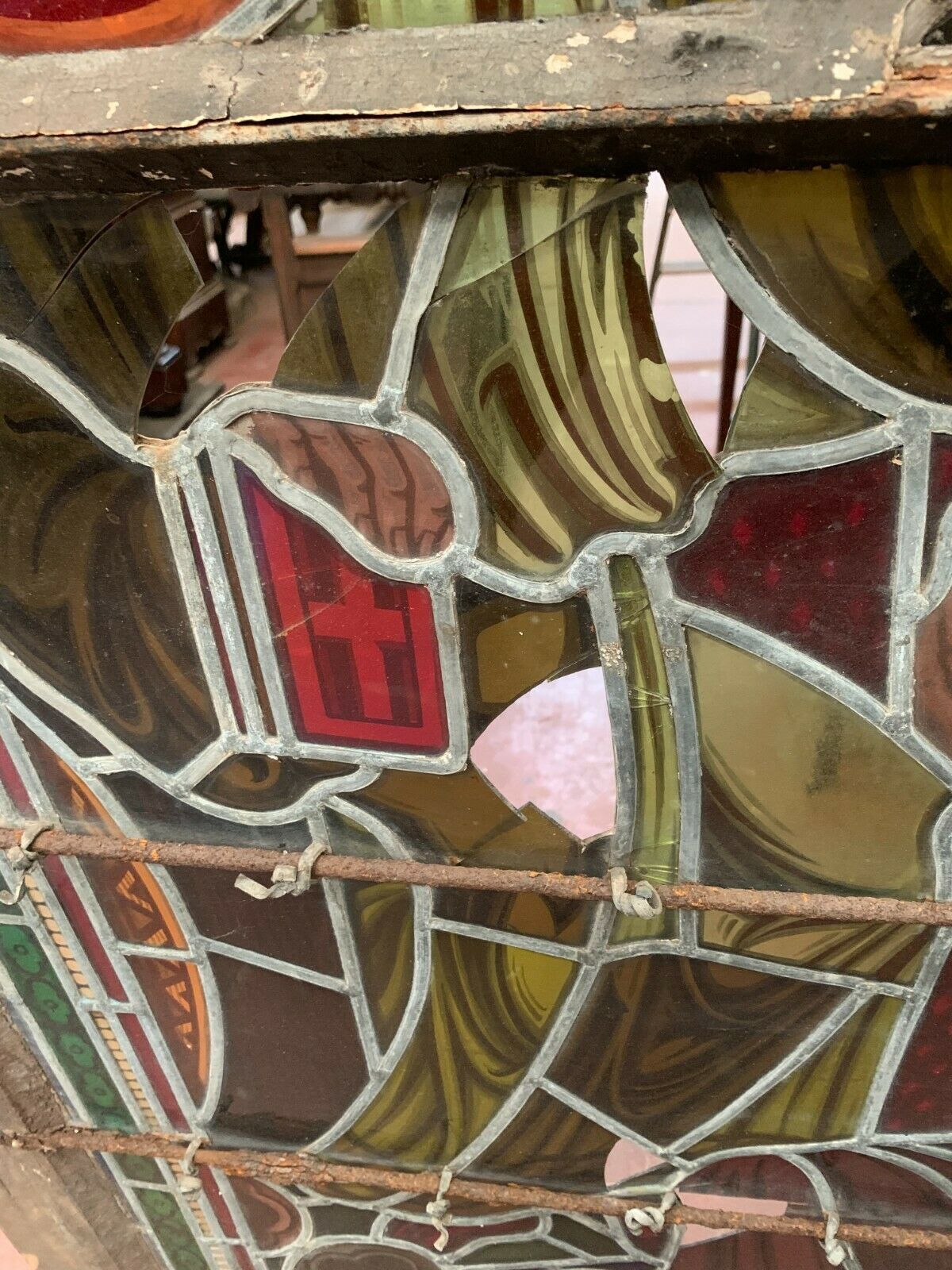 Stained glass panel representing a nineteenth century coronation