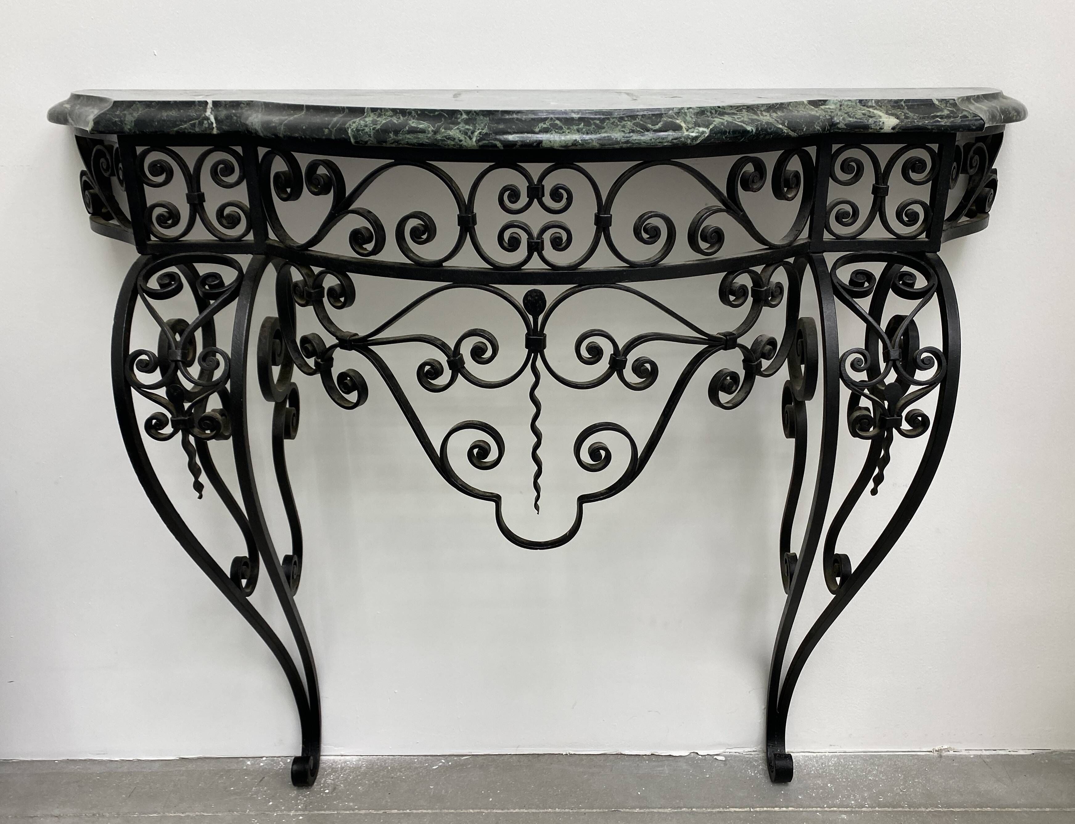 Art Deco Wrought Iron Console with Green Alpine Marble