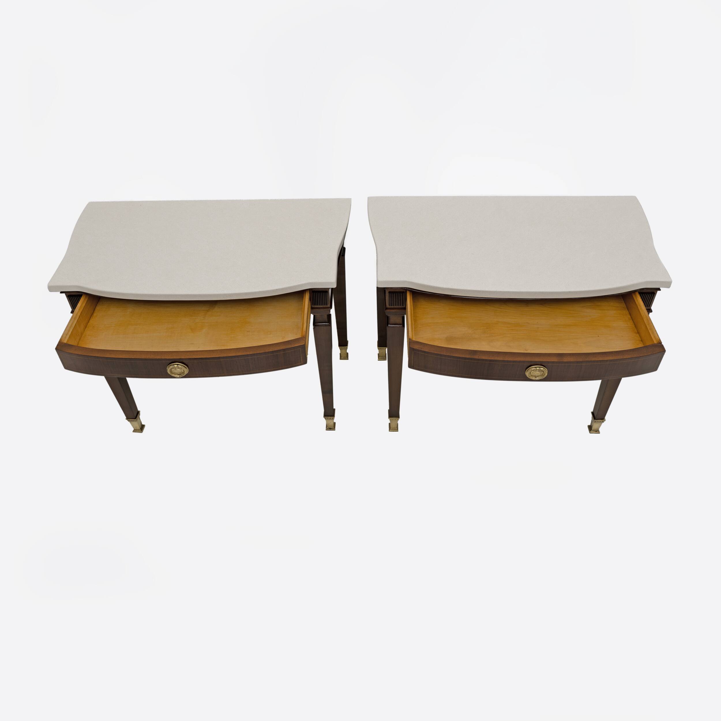 Pair of Neoclassical Style Marble and Mahogany Bedside Tables