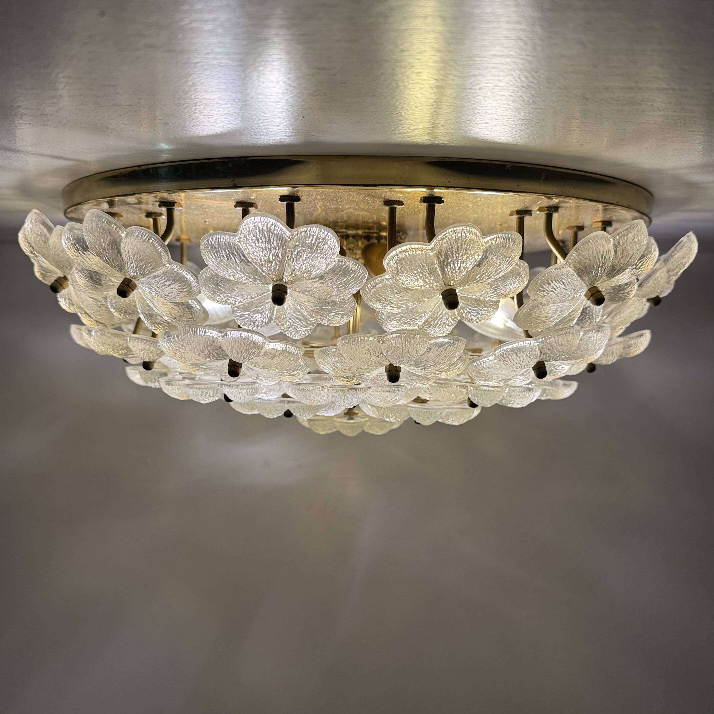 Large Floral Crystal Glass Flush Lamp by Ernst Palme , 1970s