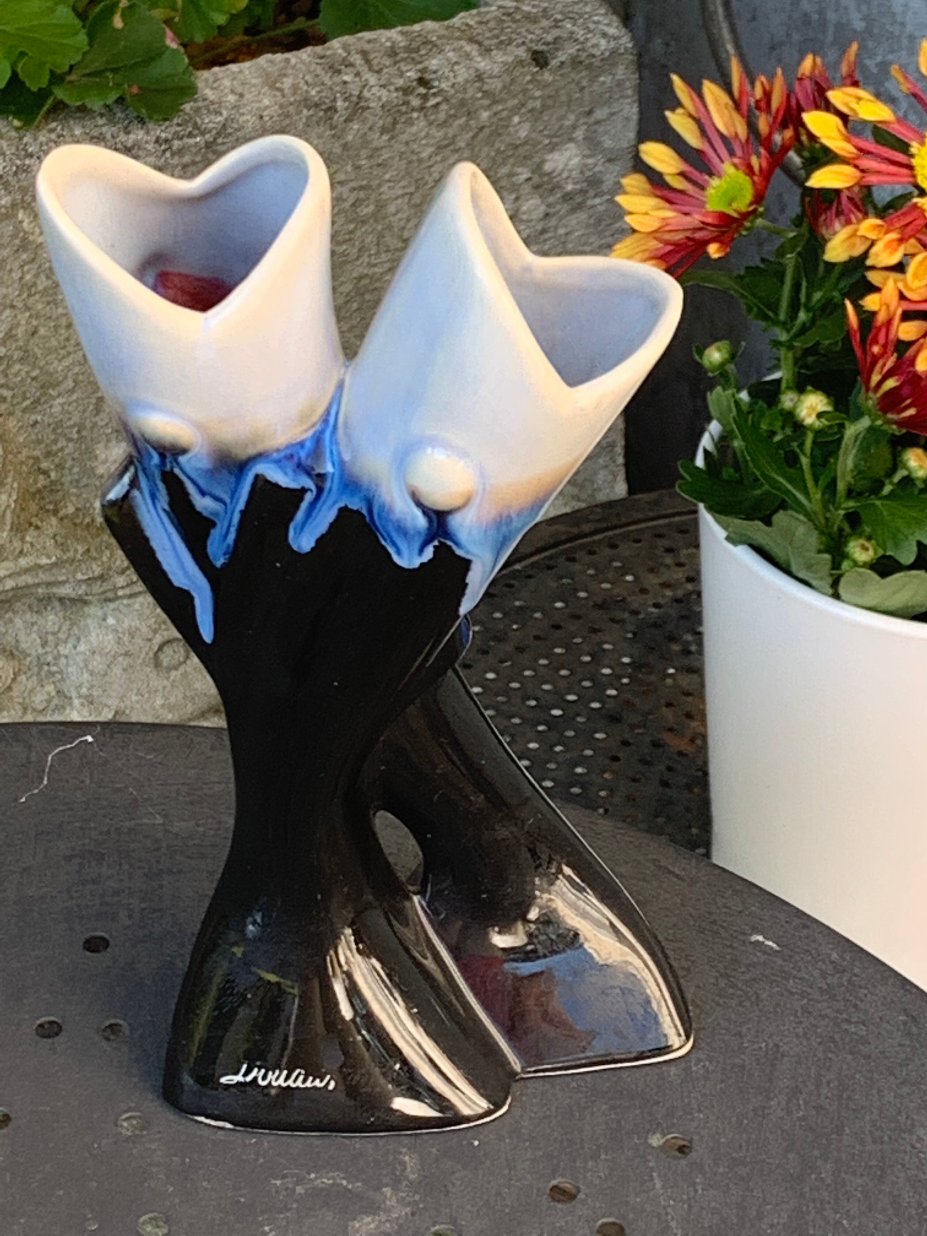 Double soliflore vase, vintage midnight blue glazed fish slurry