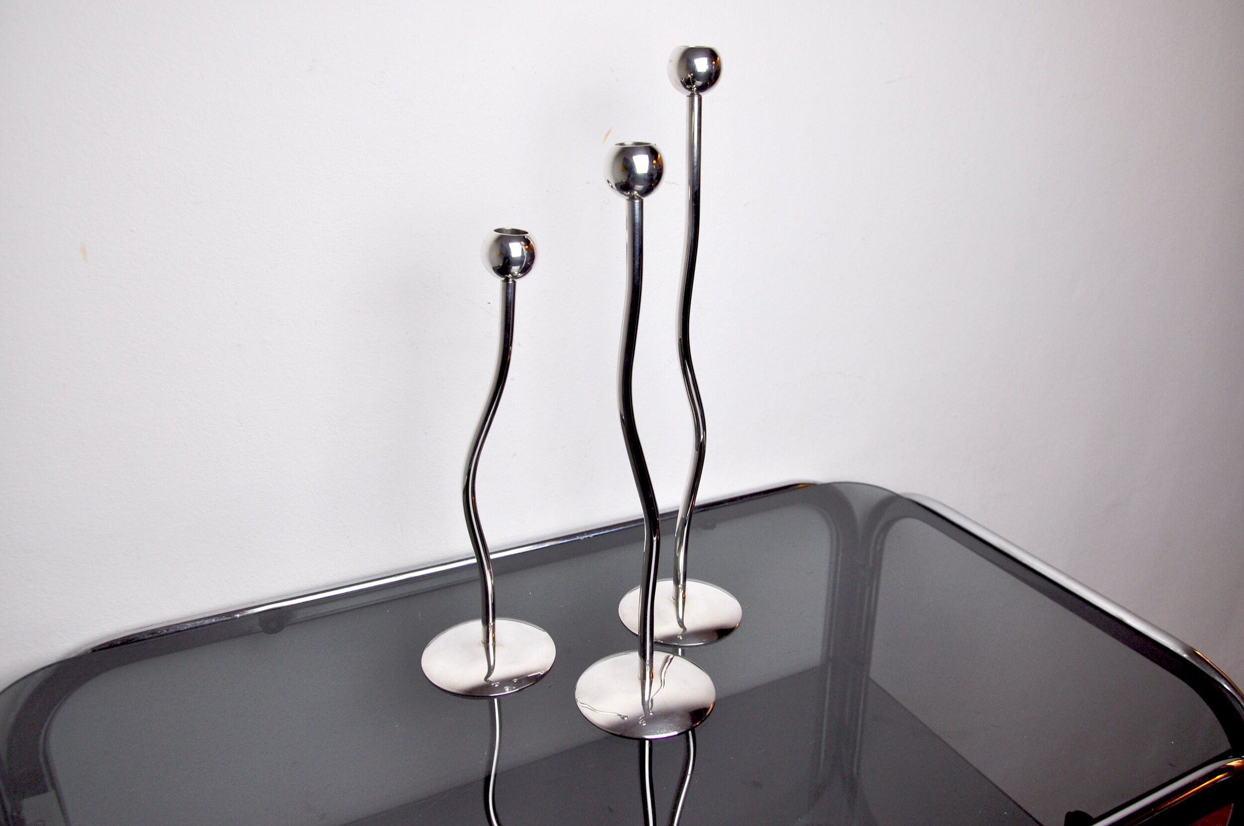 Trio of silver metal candle holders by Mesa, Italy, 1980