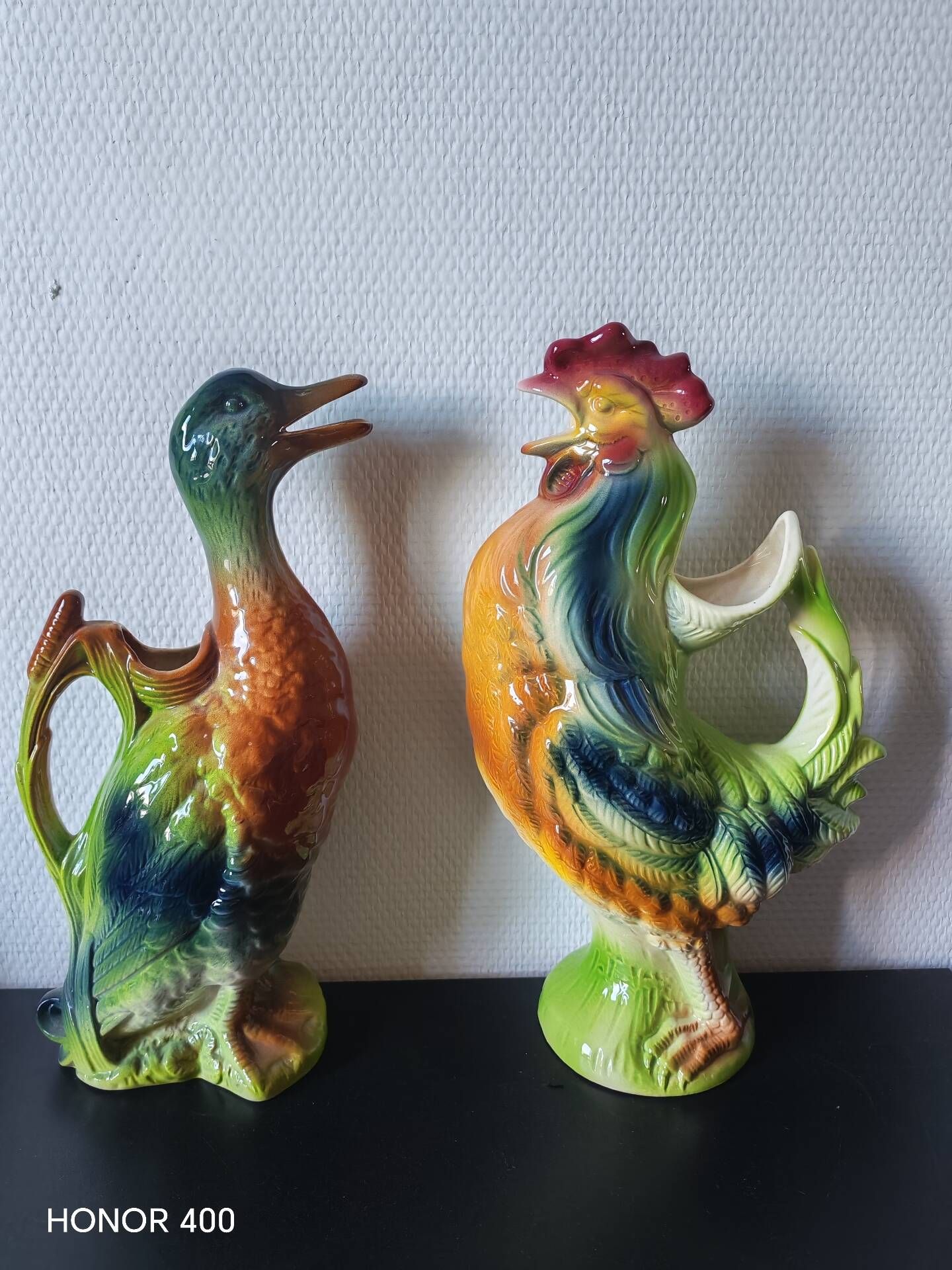 Pair of duck and rooster jugs in St Clément barbotine vintage