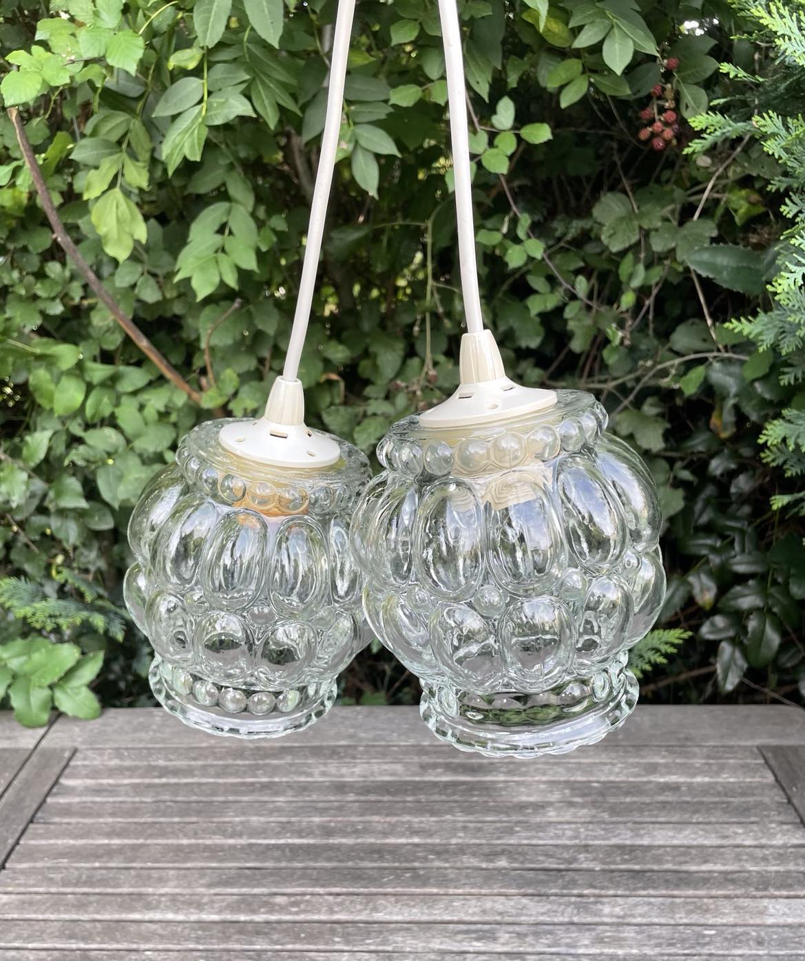 Pair of Bubble Pendant Lamps in Amber Glass Vintage 70s