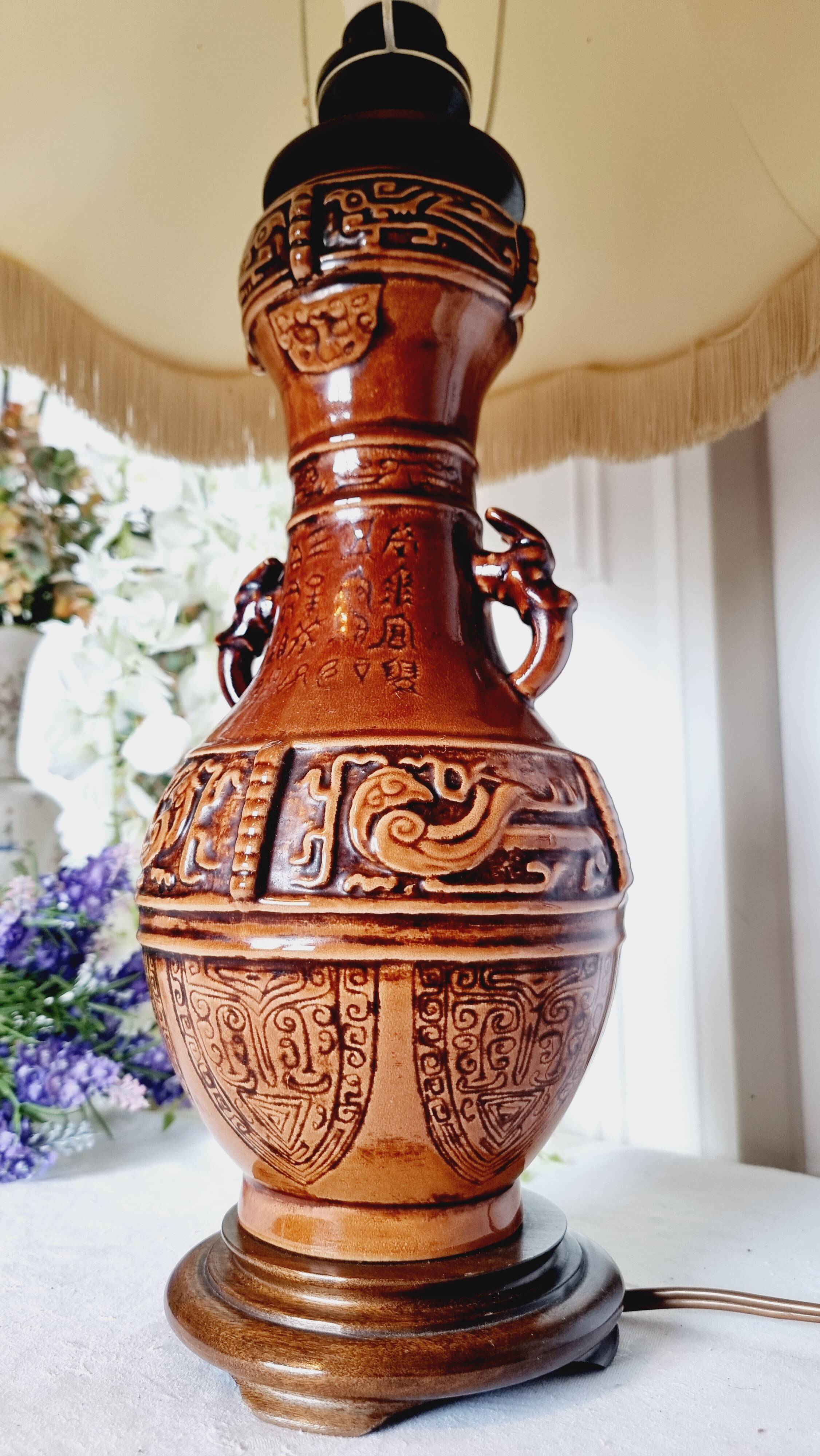 Large vintage table lamp in glazed ceramic, Oriental style 50s-60s.