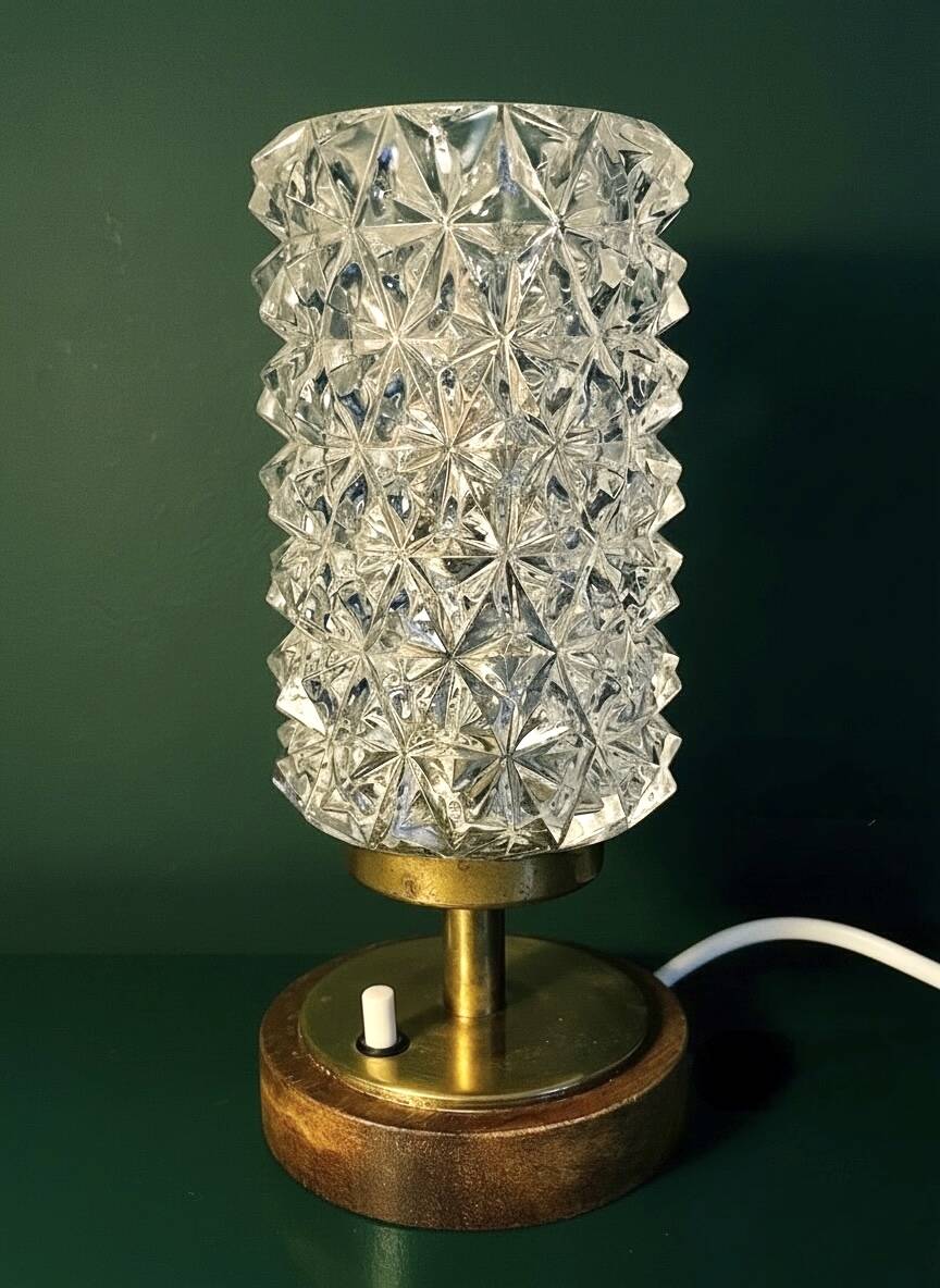 Vintage Mid-Century Scandinavian lamp in wood, brass, and pressed glass with spikes.