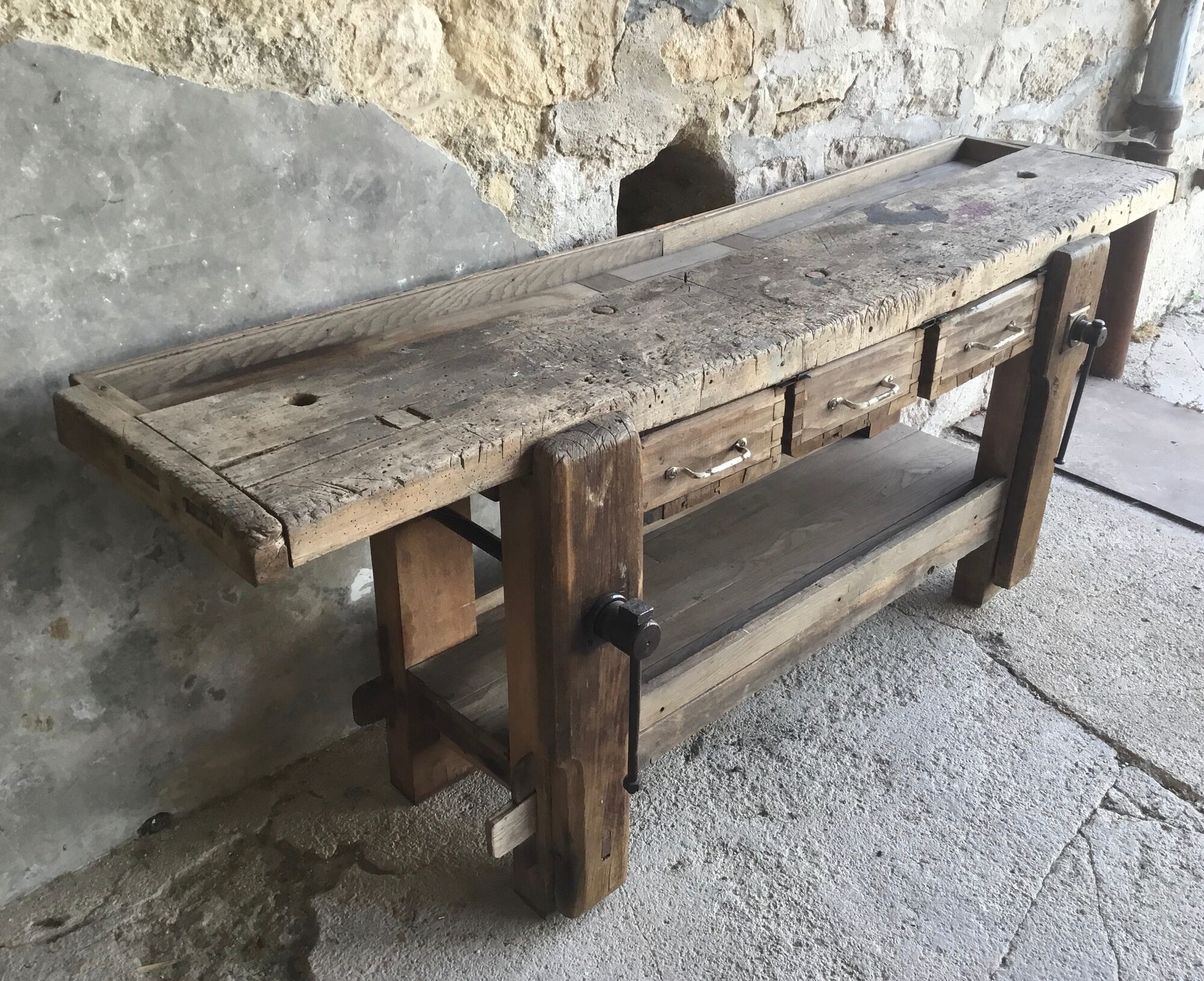 Solid oak workbench with stalls and drawers - 20th century
