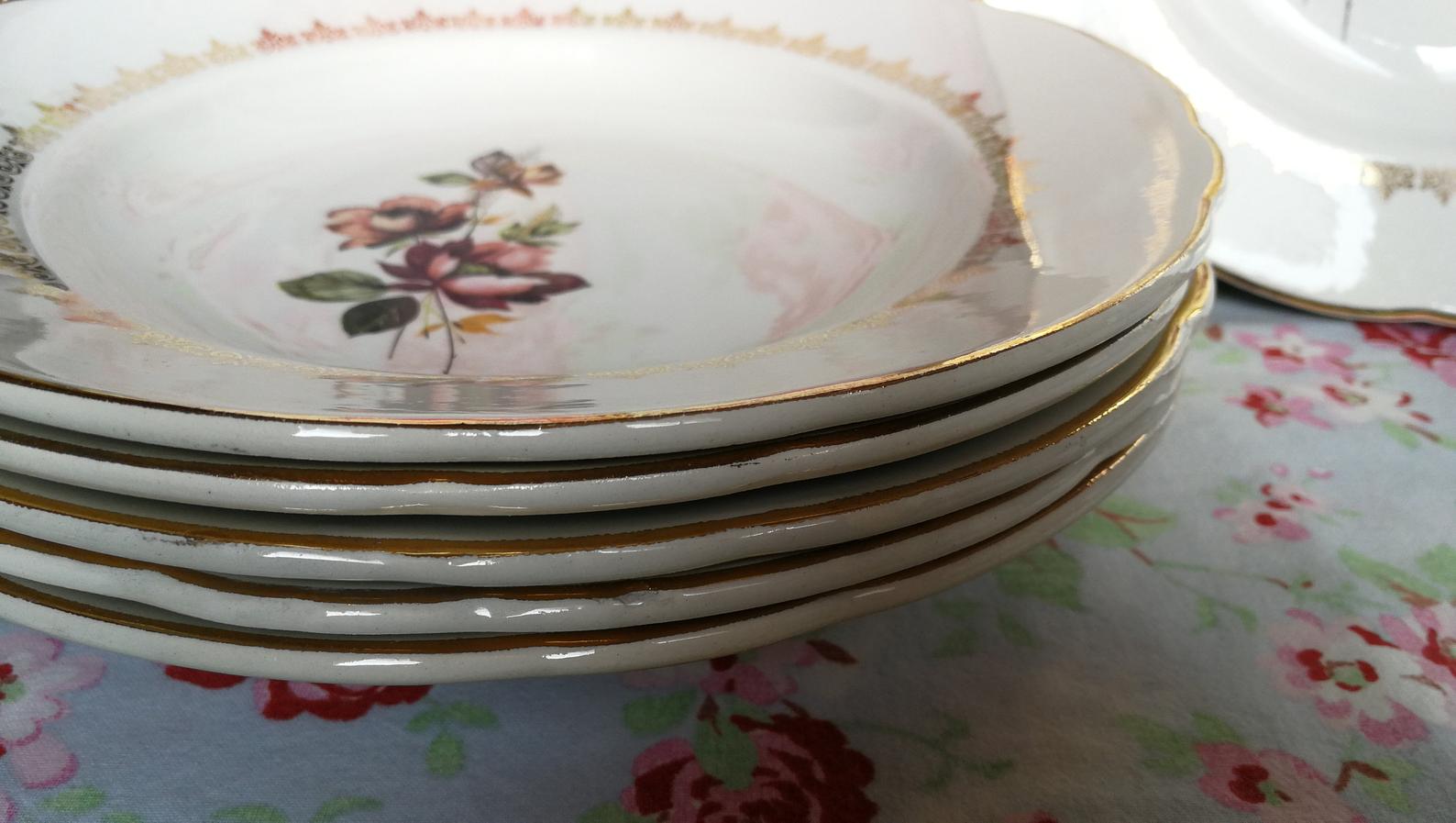 6 soup plates old crockery roses multi colour golden