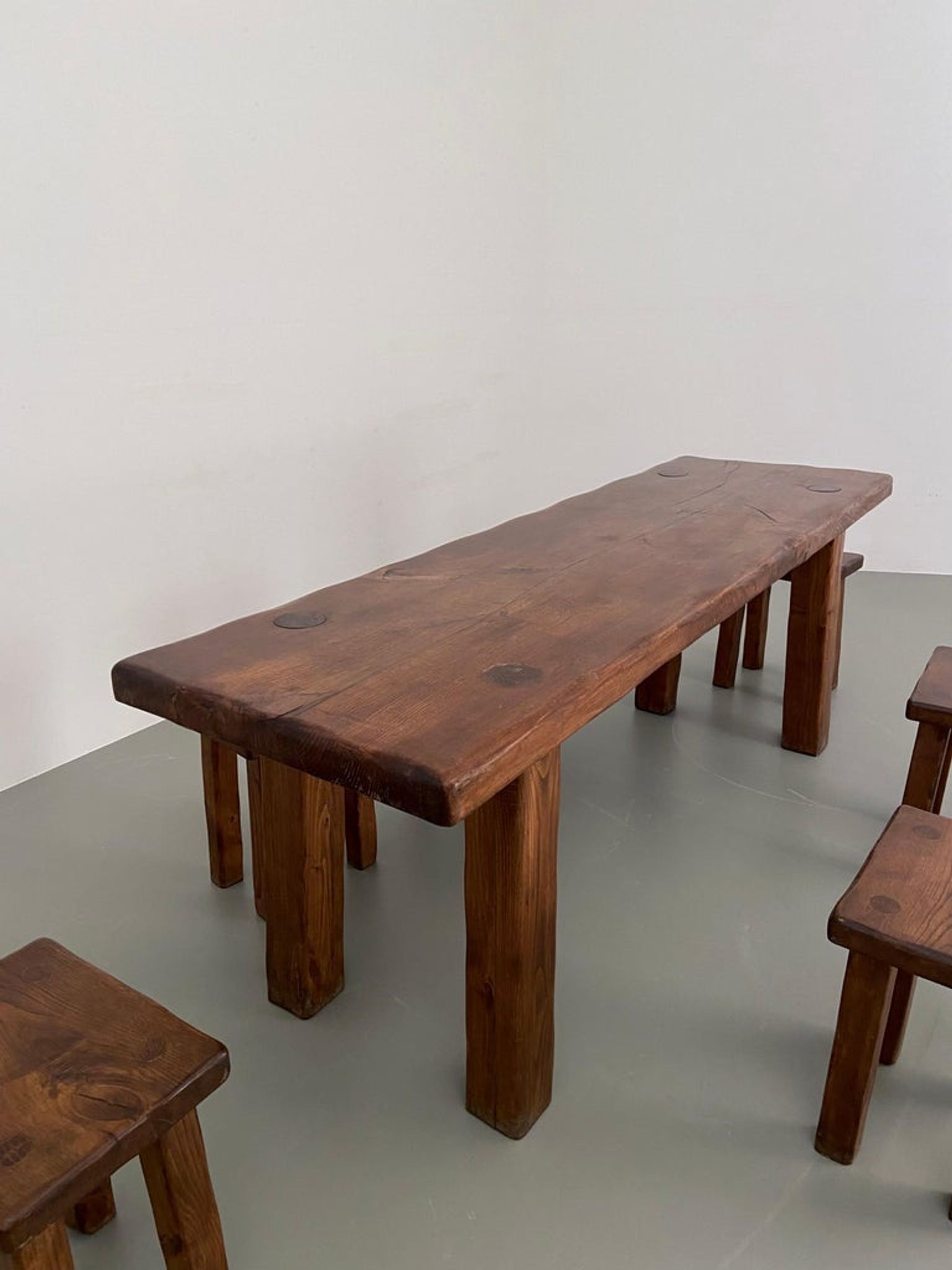 Solid elm dining set including 6 stools France 1970s