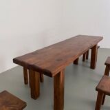Solid elm dining set including 6 stools France 1970s