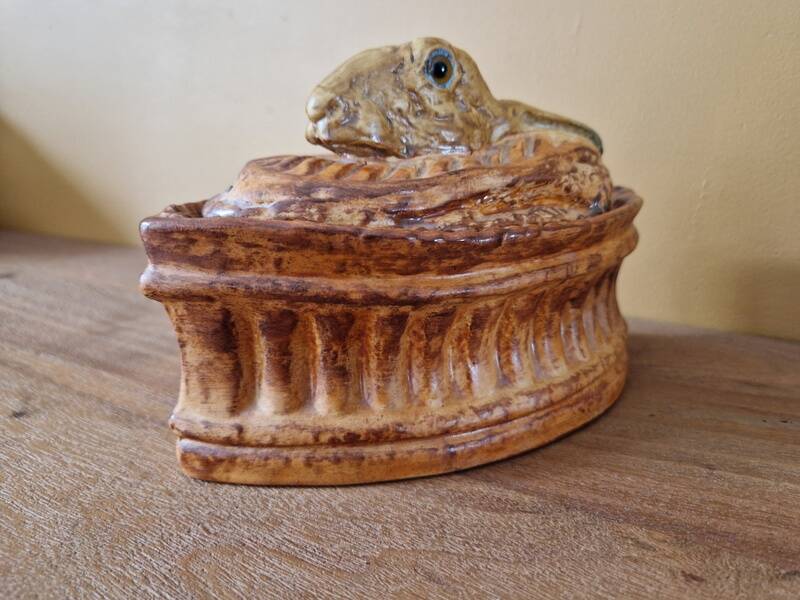 Pillivuyt porcelain terrine decorated with a hare, glass eyes - 19th century